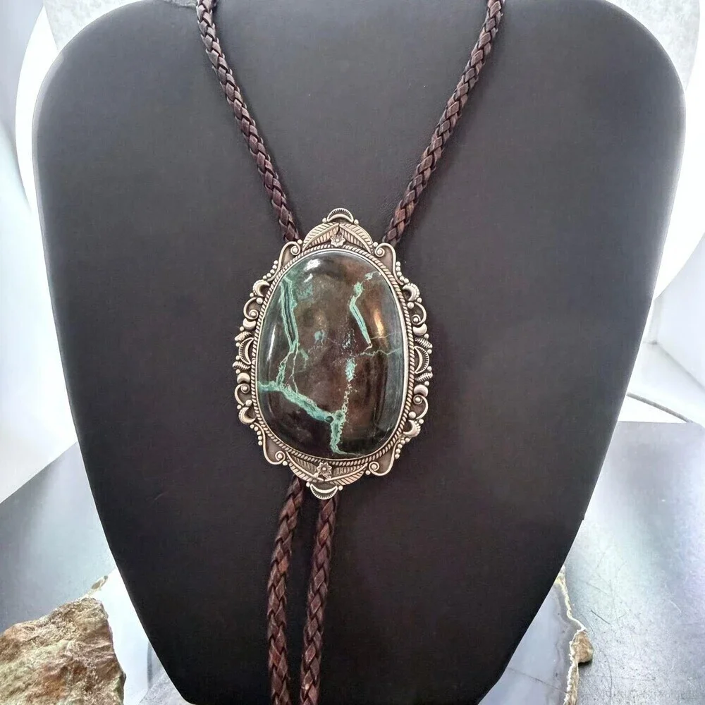 Sterling Southwestern Style Oval Large Chrysocolla  Bolo Tie For Men
